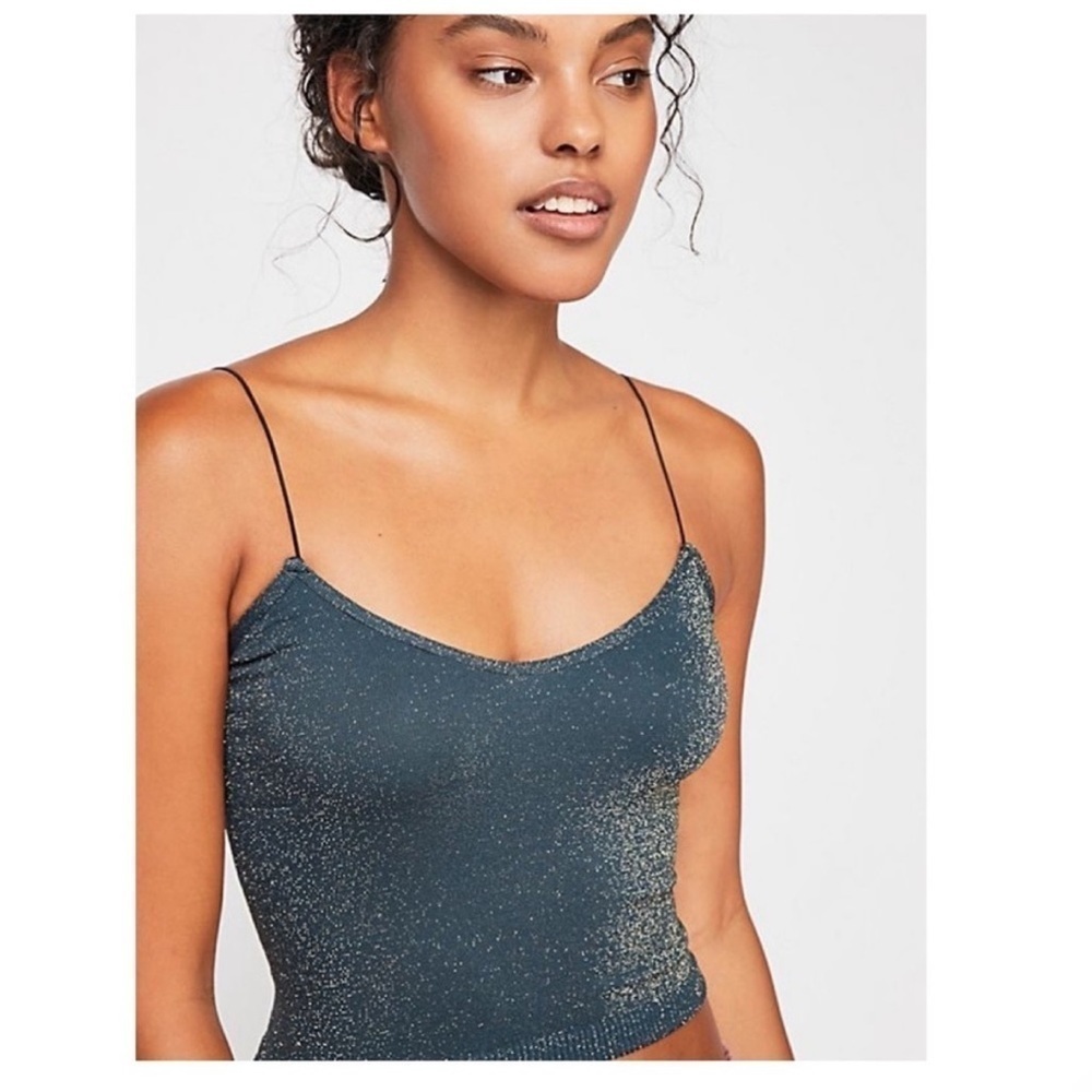 Free People Skinny Strap Seamless Brami Cropped Tank Top Green Blue Metallic